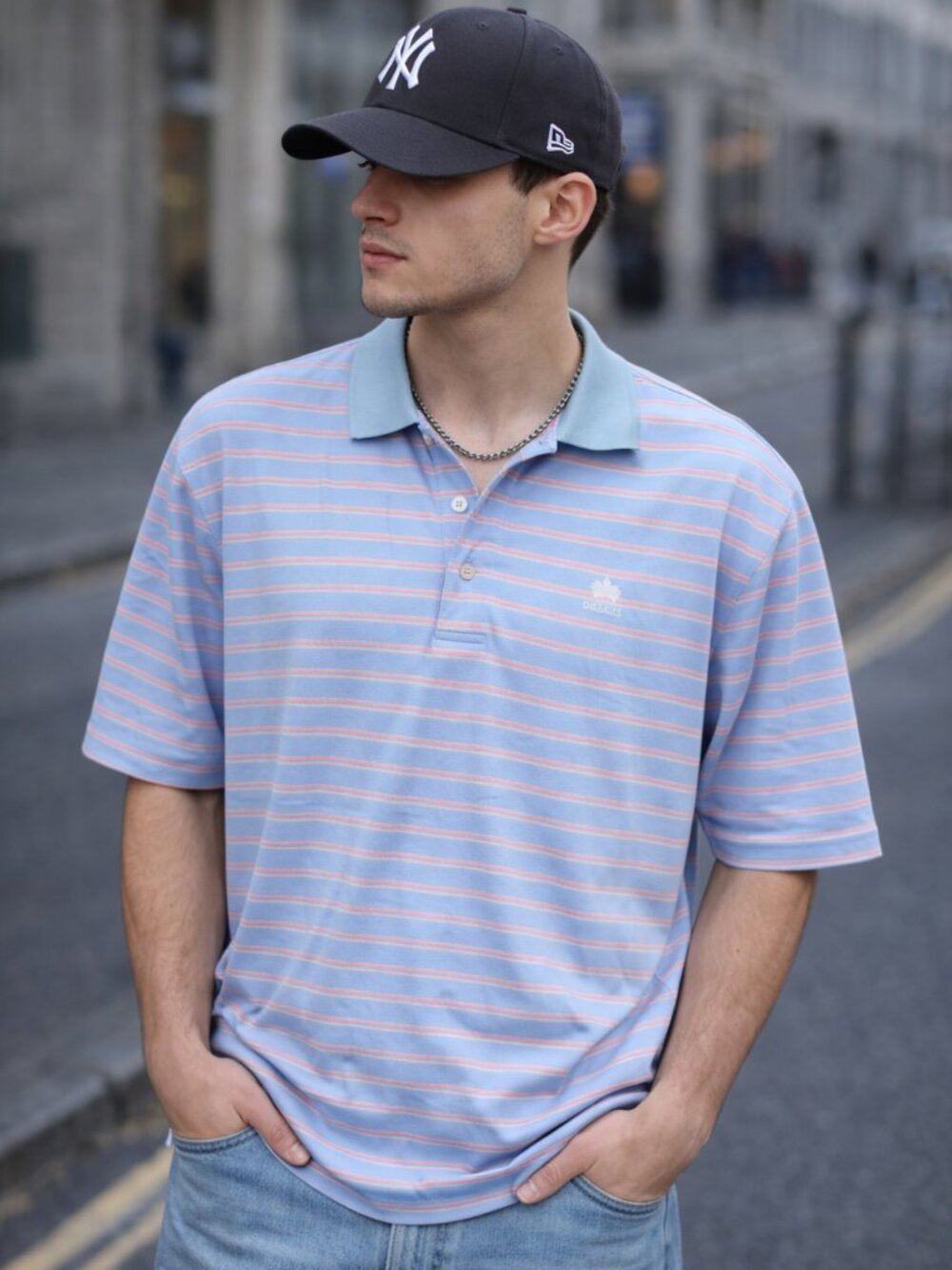 Peter Millar Polo Shirt Mens L Blue Pink Striped Golf Casual Short Sleeve